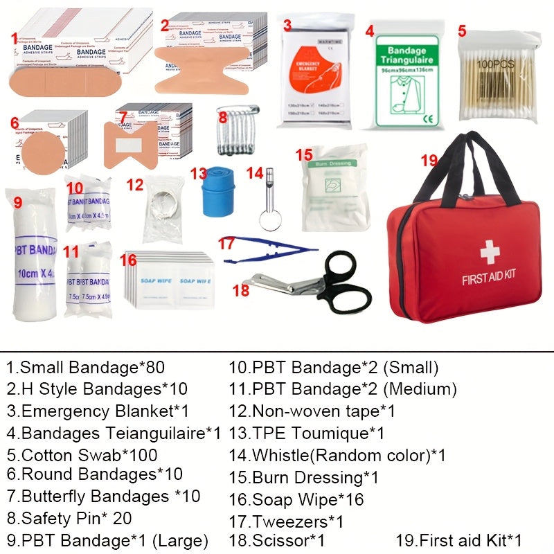 Deluxe 260pcs First Aid Kit - Essential Safety Supplies for Home, Outdoor Adventures &amp; Camping - Portable with Scissors, Bandages, Tweezers - Red, No Magnesium Rod/Flint