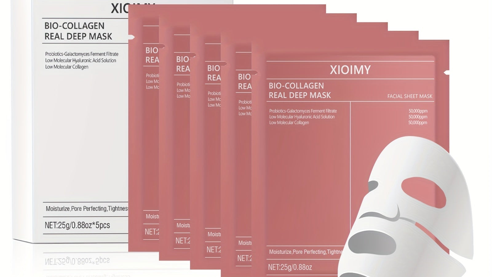 5pcs Xioimy Collagen &amp; Hyaluronic Acid Facial Masks - Deep Hydration, Brightening &amp; Firming, Hypoallergenic, Fragrance-Free, All Light Beige Types, Unisex Skincare for Dry, Dull, Loose Light Beige, Skincare Routine, Sleek Pac