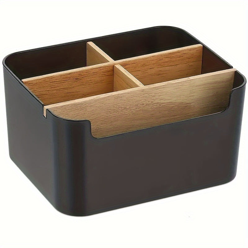 Organisateur en bambou 5 compartiments, polyvalent et portable, pour bureau ou maison, installation facile sans outil, design élégant et pratique.