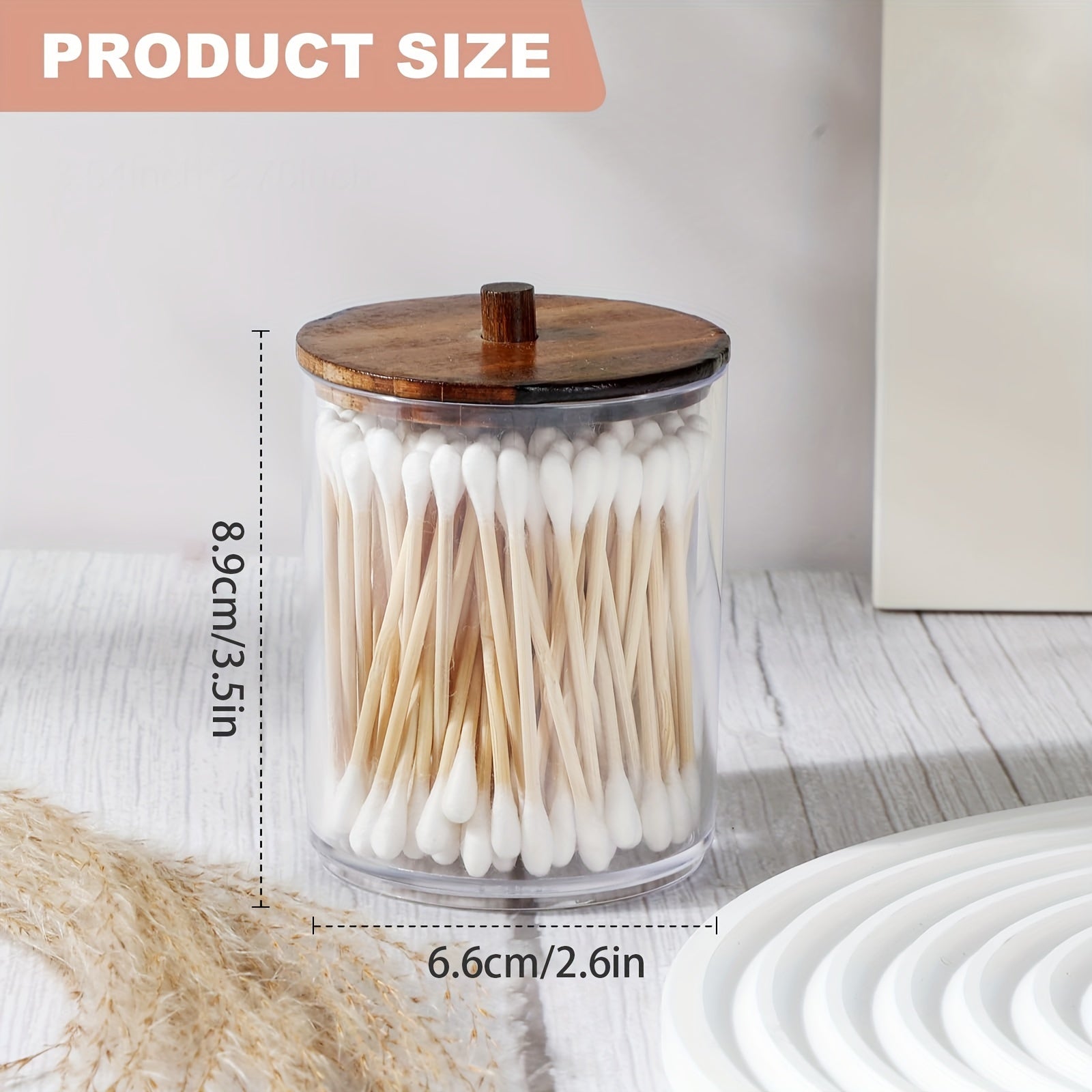 4 Pack Vintage Style 10 Oz Clear Plastic Apothecary Jars with Window-View And Wooden Lids - Bathroom Vanity Makeup Organizer Storage for Swabs, Pads, Buds, Floss, Storage Bins for Home Organization, Baskets, Bins &amp; Containers