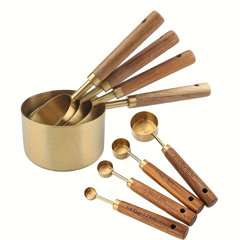 Set de Tasses et Cuillères à Mesurer en Acier Inoxydable : 4 ou 8 pcs, poignée bois d’acacia, idéal pâtisserie, assaisonnements et DIY cuisine.