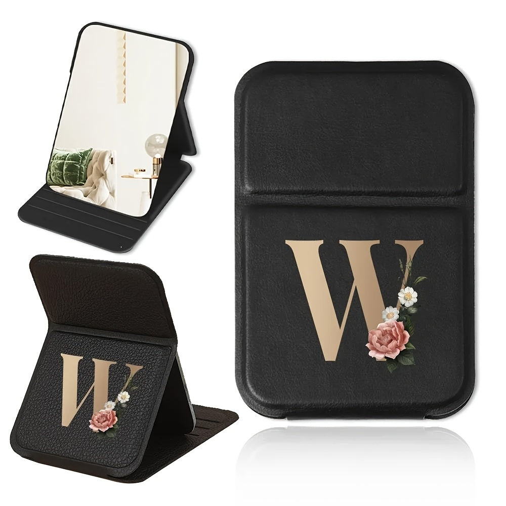 Miroir de maquillage pliable portable, design floral noir et doré, léger, étanche et anti-poussière, parfait cadeau pour enseignants et proches.