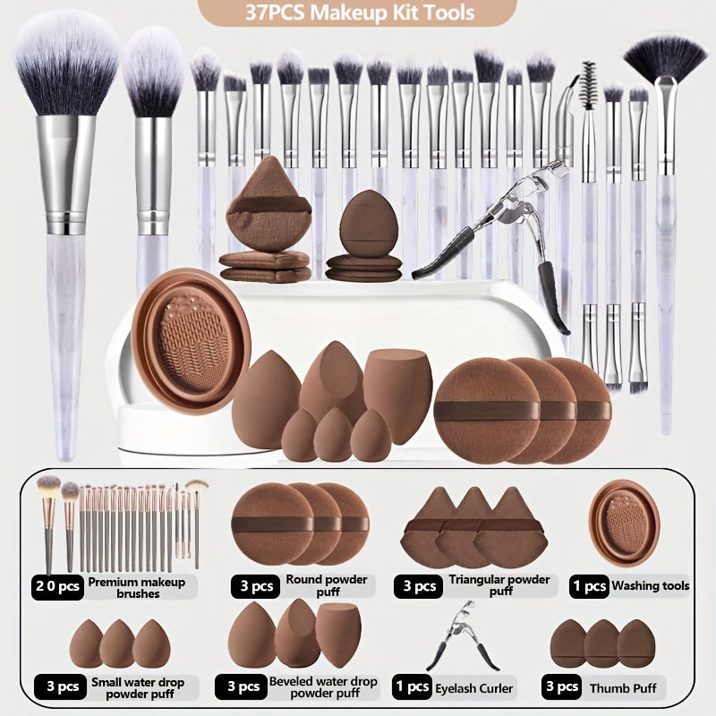 Set cadeau maquillage 37 pcs, pinceaux, éponges, accessoires nettoyage, polyvalent pour poudres, fond de teint et soins beauté précis.