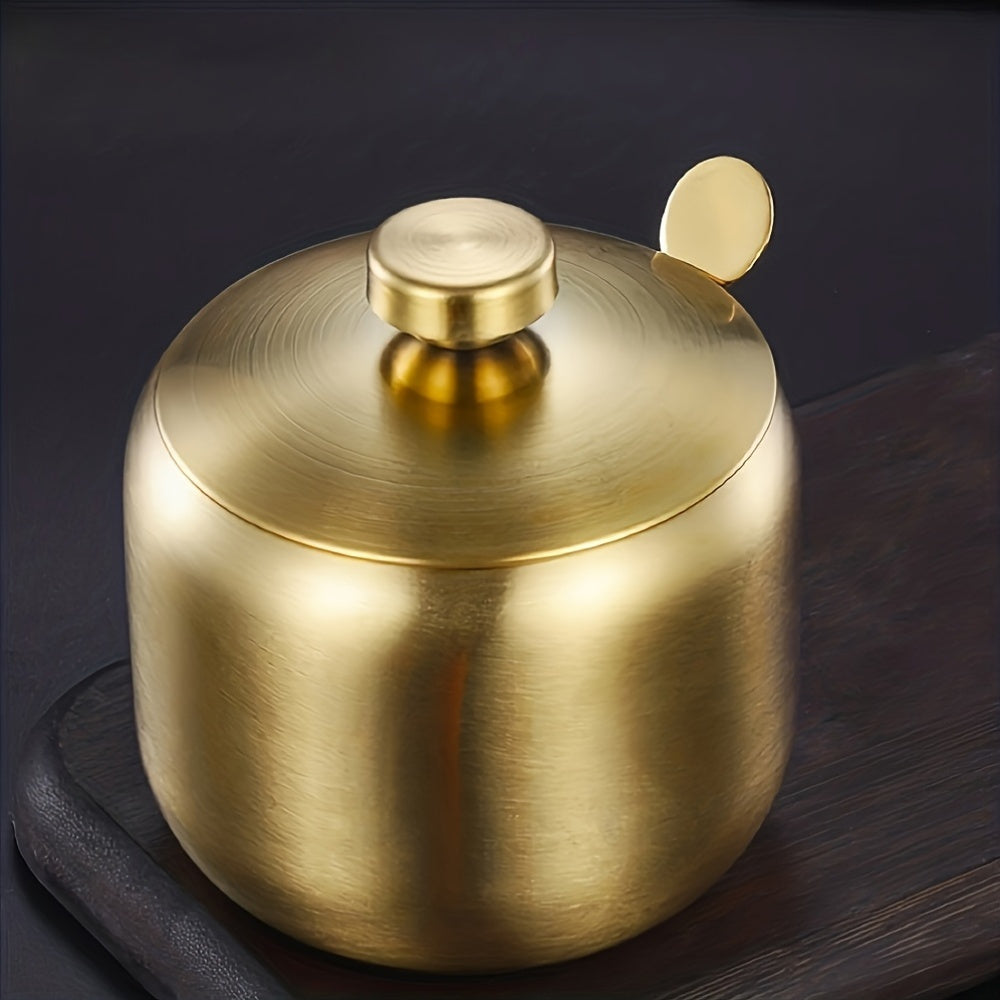 3pcs Set: 1pc Jar + 1pc Lid + 1pc Spoon, Round Handle Stainless Steel Spice Jar - Multi-Functional Sugar Container for Salt, Pepper &amp; MSG Storage, Durable Shaker Bowl with Drill-Free Installation, Reusable Salad Dish, Kitchen