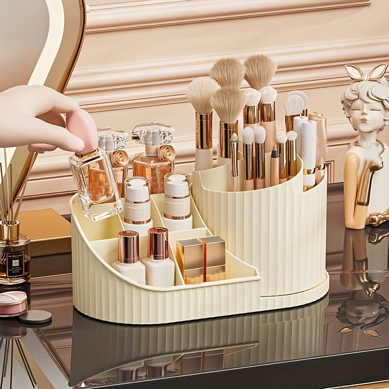 Organisateur maquillage 360° rotatif, plastique durable, rangement pinceaux, rouges à lèvres, soins et papeterie, design élégant blanc, gain de place.