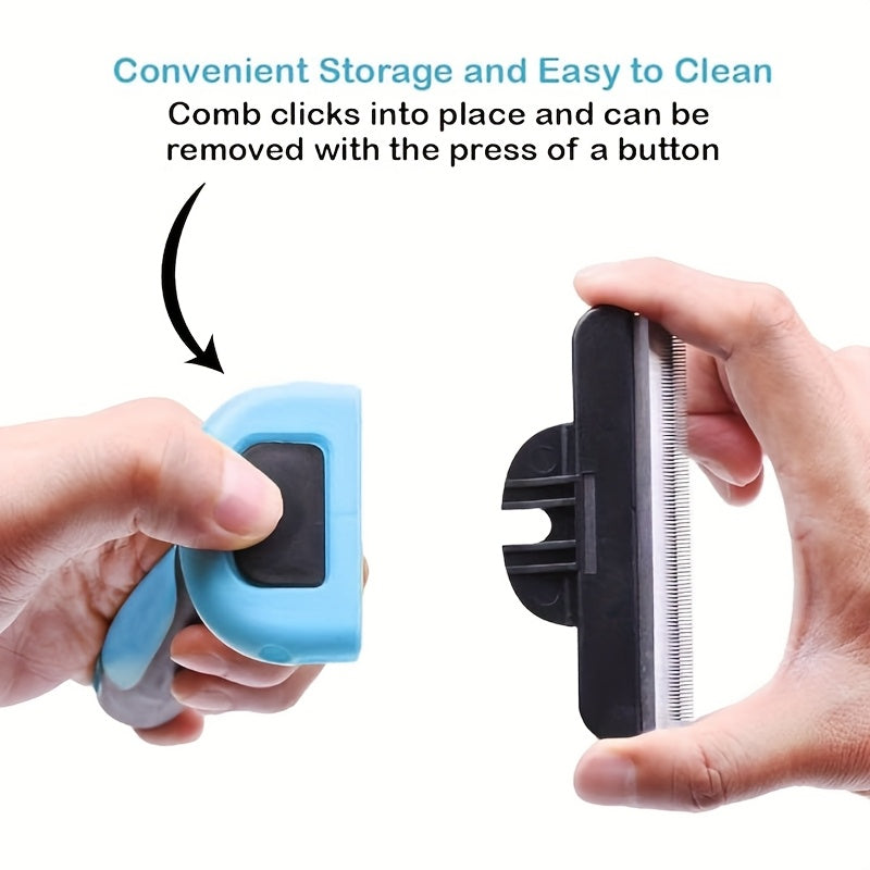 Brosse professionnelle de déshedding pour animaux. Réduit les poils de 95%, ergonomique, sans électricité, design bleu et noir, pour toutes les races.