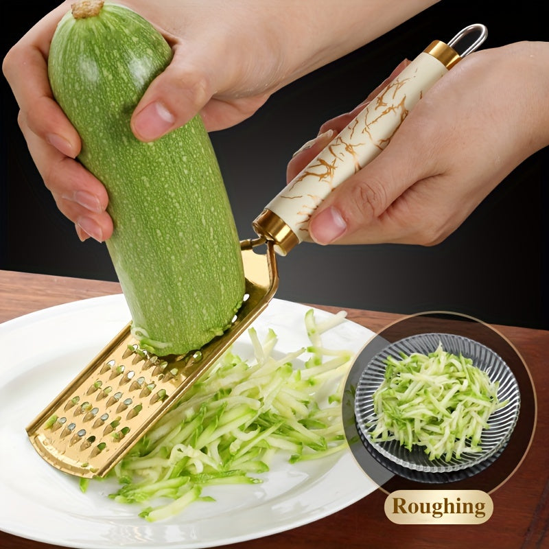 3/1pc grater Stainless steel shredder Household kitchen radish grater potato shreds onion shreds ginger shreds melon fruit vegetable shreds cheese raw grater handle can be held safely without hurting hands, Golden appearance,