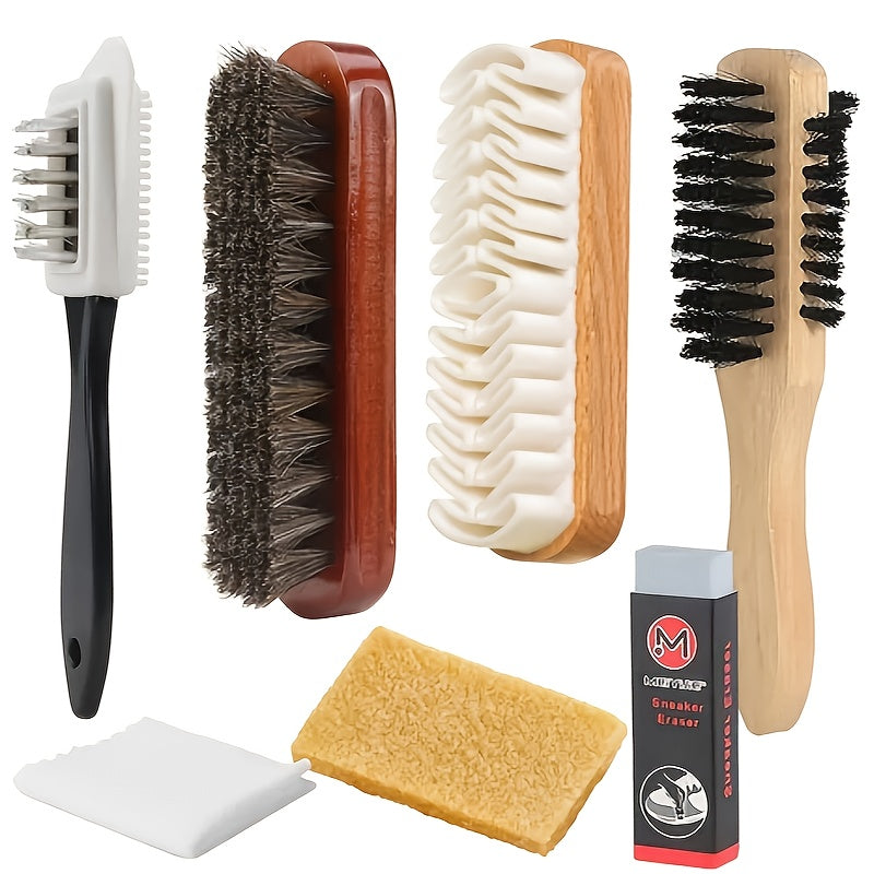 7pcs Variety Shoe Brush Kit - Double-Sided Shoe Polish Applicator &amp; Horse Hair Brushes for Polishing - Nubuck &amp; Suede Brush for Shoes, Soft Leather Cleaning with Microfiber Cloth