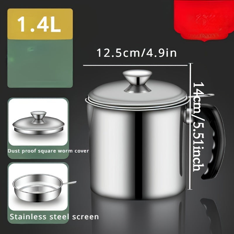 Stainless Steel Kitchen Grease Container with Strainer - Easy-Pour Handle, Ideal for Cooking Oil &amp; Grease Storage, Essential Kitchen Accessory, Grease Can for Kitchen