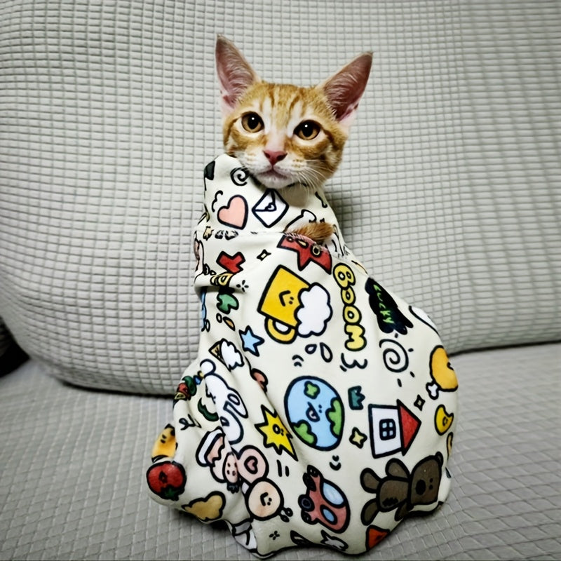 Tissu d’emmaillotage extra-large 79,98 × 79,98 cm pour chats, anti-évasion, toilettage et coupe d’ongles, lavable et durable, design ludique.