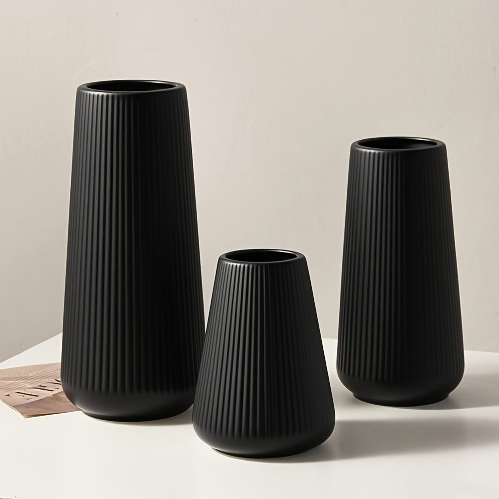 مجموعة من 3 مزهريات اسكندنافية غير قابلة للكسر - مزهريات زهور بلاستيكية منقوشة لطاولة الطعام، ديكور منزلي باللونين الأسود والأبيض، قطعة مركزية بسيطة للزهور الاصطناعية (24.89 سم/20.07 سم/13.97 سم) هدية