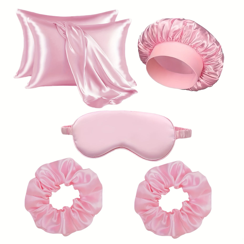Lot de 6 accessoires capillaires femme : taies satin, bonnet de nuit détachable, masque yeux respirant, bandeau large avec nœud.