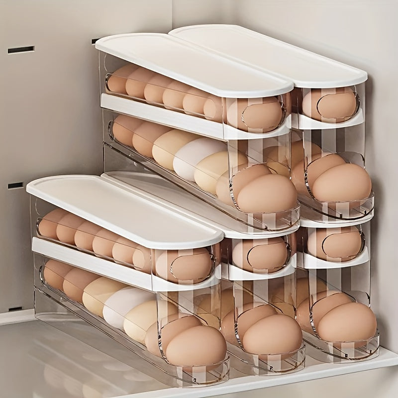 1 Space-Saving Double-Layer Transparent Automatic Rolling Egg Storage Box with Lid - Heavy-Duty PP Plastic, 4-Tier Egg Organizer for Fridge Door and Countertop, Food-Safe Kitchen Storage Solution, Essential Refrigerator Egg H