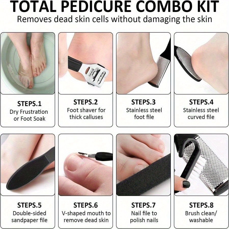 Kit pédicure 10 pièces, 30,48 cm, exfoliant et râpe pieds, élimine callosités et peaux mortes, plastique sans parfum, soin maison efficace.