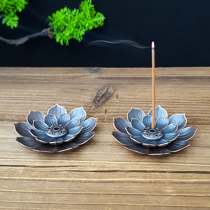 Porte-encens Lotus à deux étages Design fleur de lotus, alliage de zinc robuste, finition noire minimaliste, idéal pour encens bâtons ou cônes, maison, yoga ou spa.
