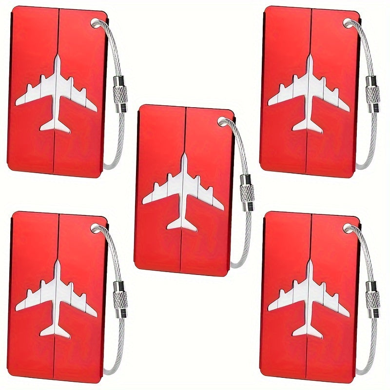 Lot de 5 étiquettes bagages en aluminium, étanches et légères, boucle acier inoxydable, design minimaliste, parfait pour voyages.