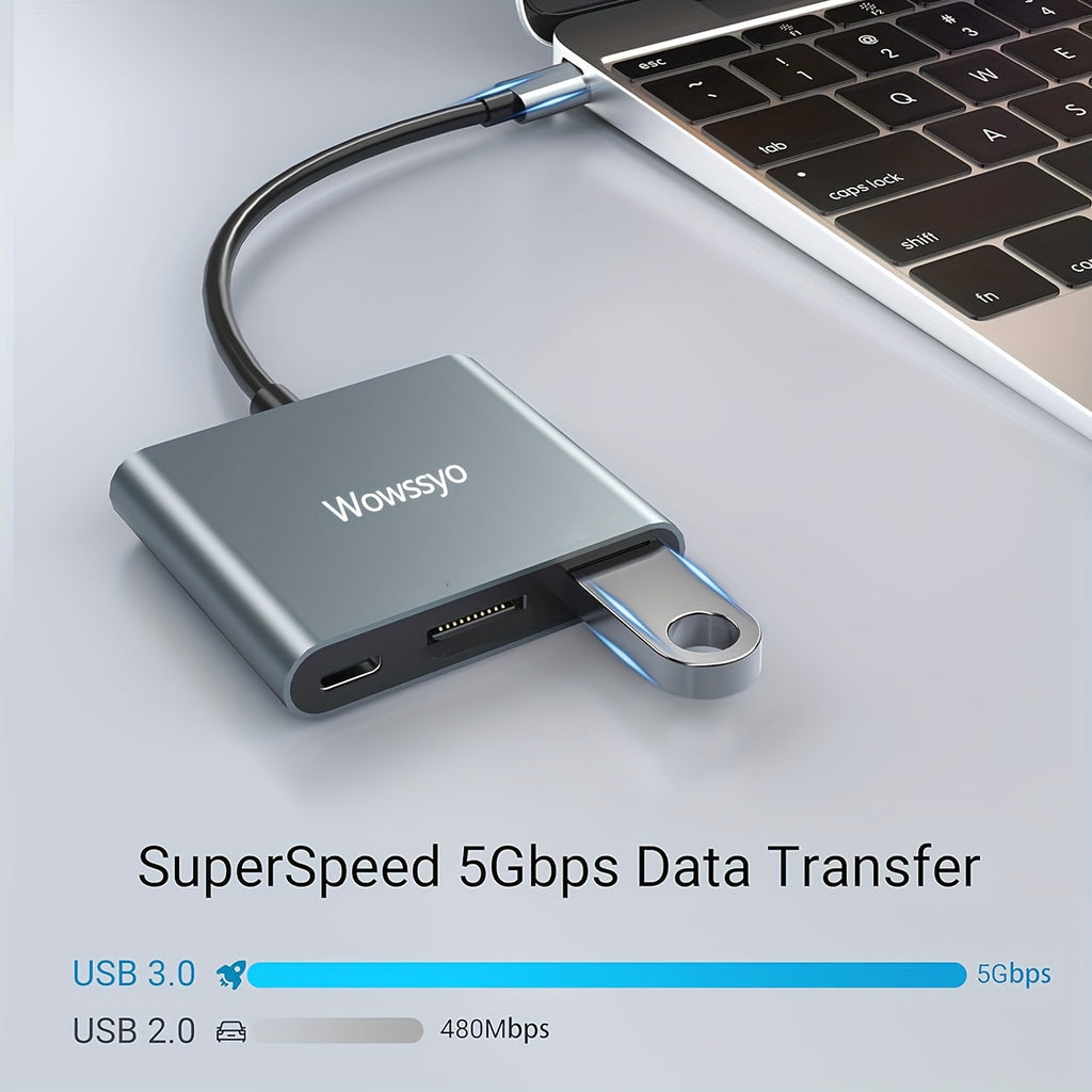 Hub USB-C 3-en-1 Wowssyo : Adaptateur aluminium, ports USB 3.0, PD 100 W, sortie 4K HDTV, compatible MacBook, iPad, PC et Nintendo Switch.