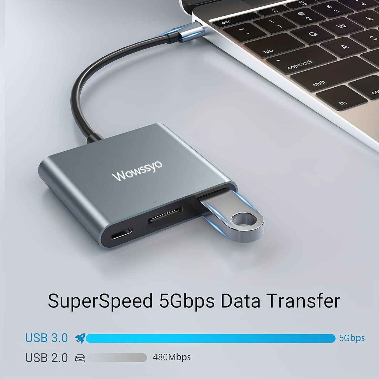 Hub USB-C 3-en-1 Wowssyo : Adaptateur aluminium, ports USB 3.0, PD 100 W, sortie 4K HDTV, compatible MacBook, iPad, PC et Nintendo Switch.