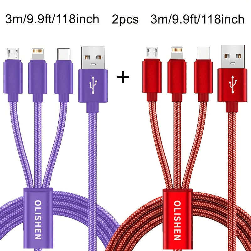 2pcs 3-in-1 Fast Charging Cable | Durable Nylon Braided, Compatible with iPhone, Samsung, Xiaomi, Oppo, Vivo, Redmi, OnePlus & More, Supports USB Charging, 10W Output Power