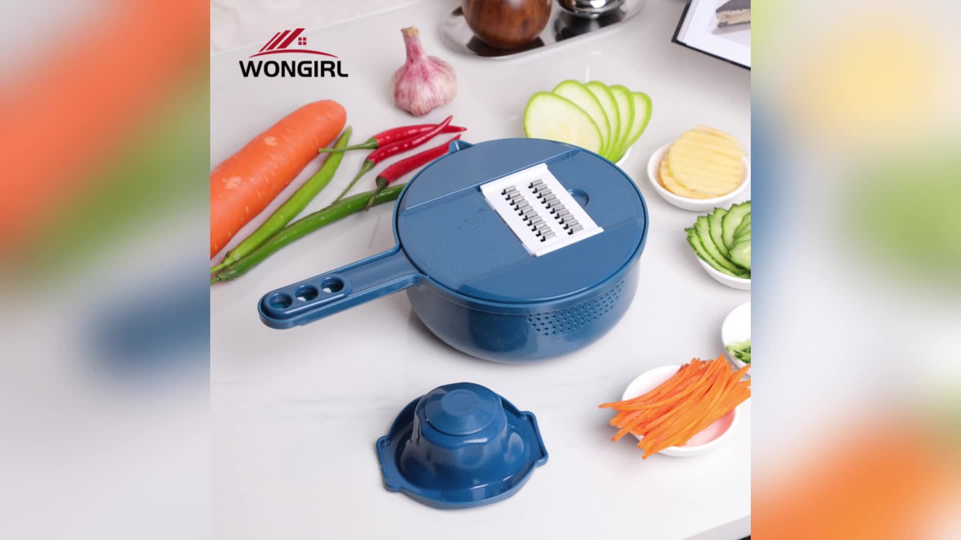 Coupe-légumes 12-en-1 : tranche, râpe et émince manuellement carottes, pommes de terre, radis et plus. Outil de cuisine polyvalent.