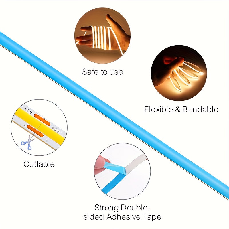 HOTU Thin COB LED Strip Light - USB-Powered Adhesive Flexible Cuttable Tape Light with 400 LEDs/M, Daylight &amp; Warm White (3000-6500K), Dotless Design for, Bedroom, Under Cabinet Lighting, Bedroom Lighting, Modern Lighting, Fl