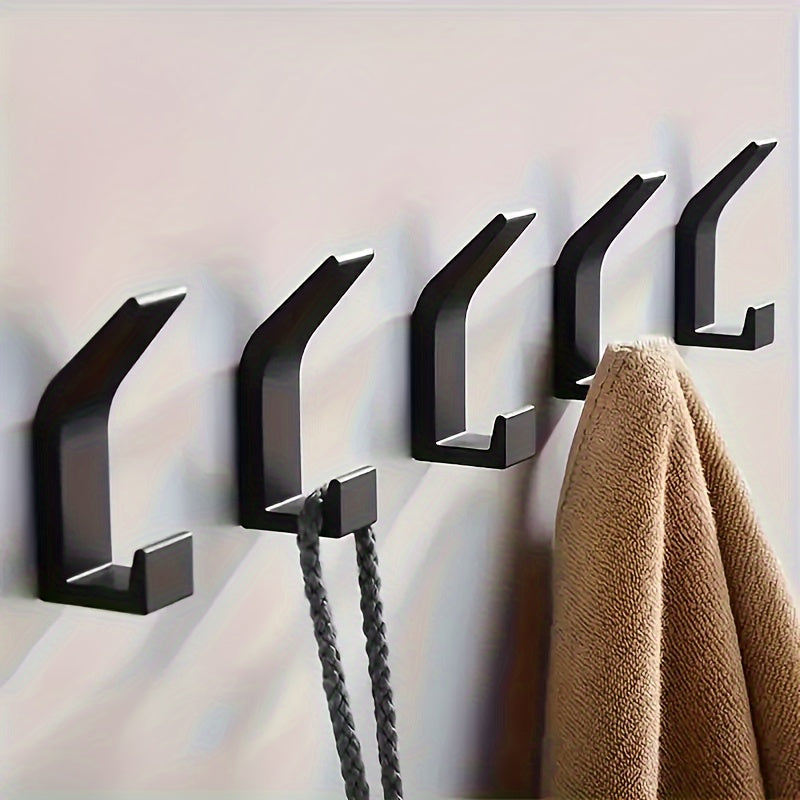 5pcs Modern No-Drill Wall Hooks, Space-Saving Adhesive Towel and Coat Hooks, Black Plastic, Sleek Design for Bathroom, Bedroom, and Home Organization, Utility Hooks