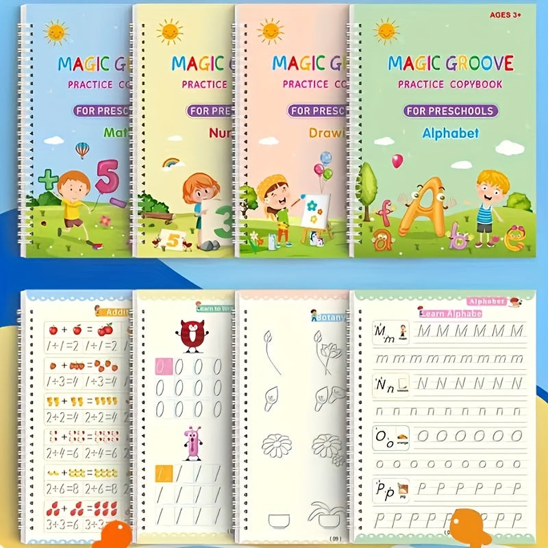Coffret éducatif enfants : 4 cahiers, stylo, 6 recharges et support, idéal pour apprentissage et exercices d’écriture.
