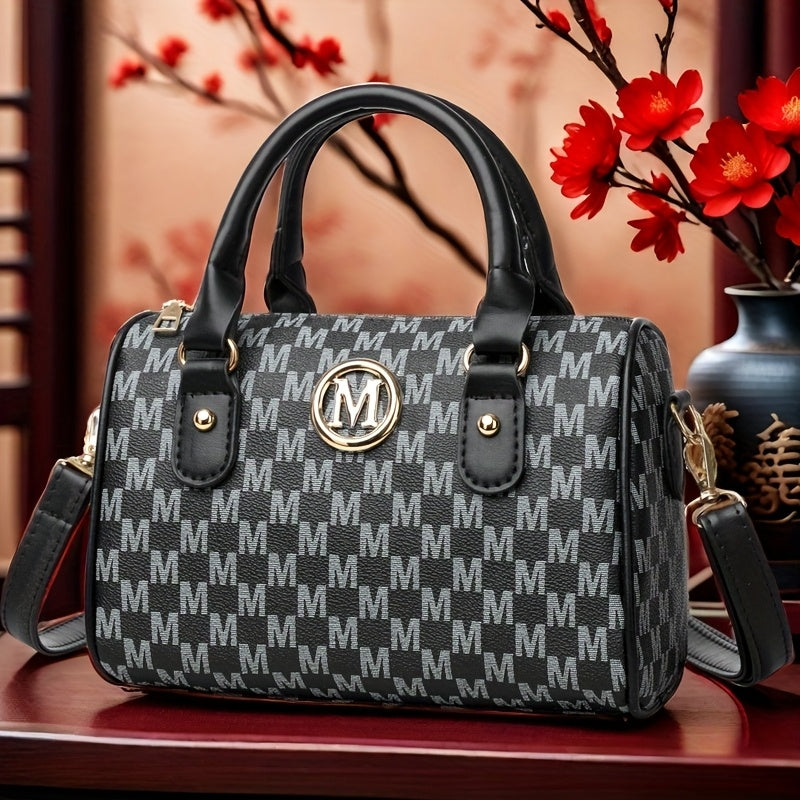 Perfect Lily Women'S Mini Shoulder Bag with Golden "M" Monogram - Elegant Houndstooth Design, Detachable Strap, Lightweight Synthetic Faux Leather Purse for Work, Travel, Parties &amp; Gifts (White/Black/Brown), Small Crossbody B