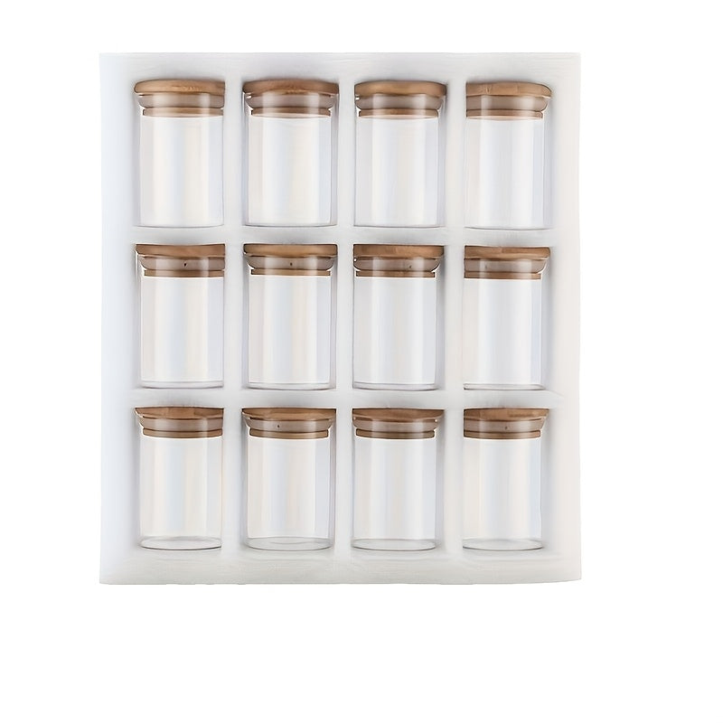 Lot de 4 bocaux de rangement Verre borosilicaté transparent, couvercles bois scellés, idéal pour thé, café, sucre, bonbons, épices, cuisine et organisation maison.