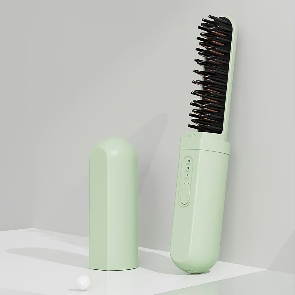 Brosse lissante et peigne USB rechargeable, fonctions lissage et boucle, ions négatifs, anti-brûlure, usage sec/humide, compacte pour voyage.