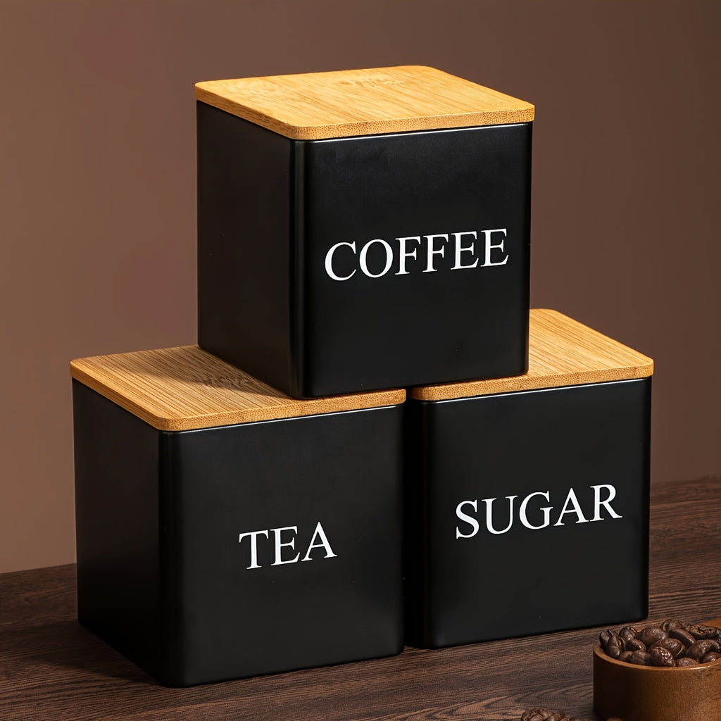 Lot de 3 boîtes de rangement métalliques noir et blanc, pour café, thé et sucre, pratique et décoratif, idéal cuisine quotidienne.