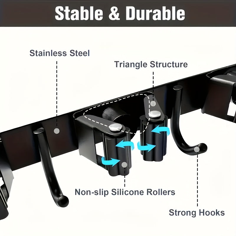 Organisateur mural en acier inoxydable, 4 emplacements et 5 crochets, rangement polyvalent pour outils jardin, balais, garage, robuste et gain de place.
