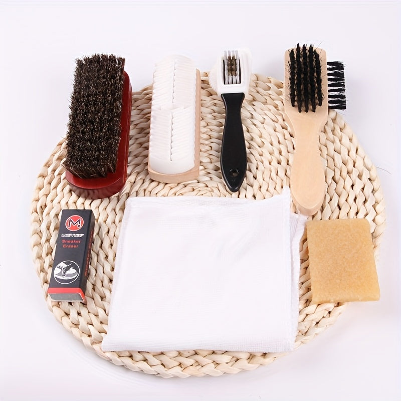7pcs Variety Shoe Brush Kit - Double-Sided Shoe Polish Applicator &amp; Horse Hair Brushes for Polishing - Nubuck &amp; Suede Brush for Shoes, Soft Leather Cleaning with Microfiber Cloth