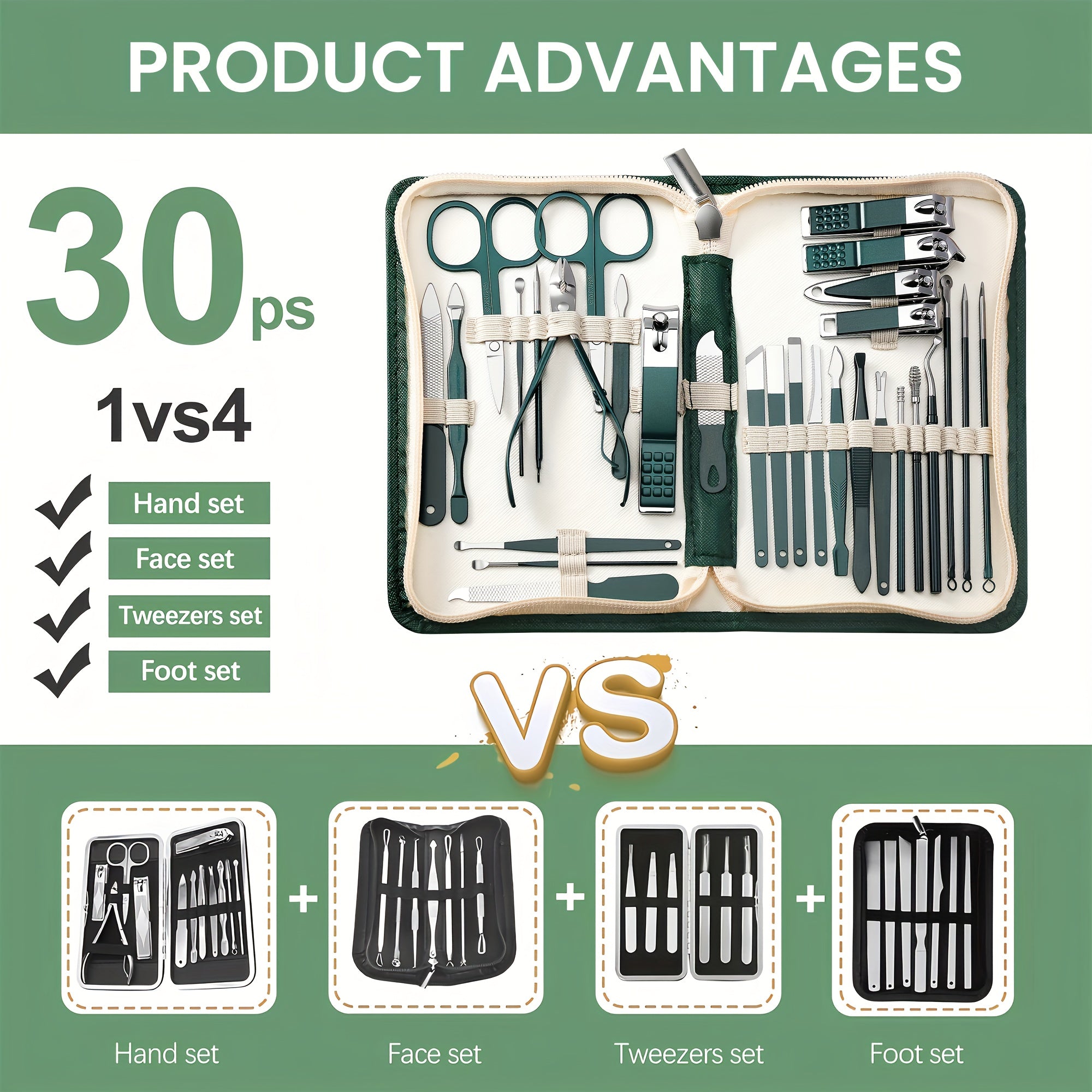 Lot de 30 kits manucure luxe en acier inoxydable, outils complets avec étuis portables, parfaits pour soins mains, pieds et visage.