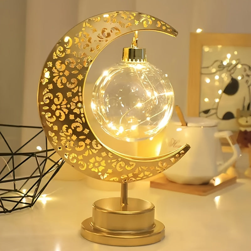 Islamic Crescent Moon &amp; Star LED Table Lamp with Warm White/Golden Light - Muslim Prayer, Ramadan &amp; Eid Decor, Plastic &amp; Golden- Dome for Bedside,, Islamic Décor (-Free -)
