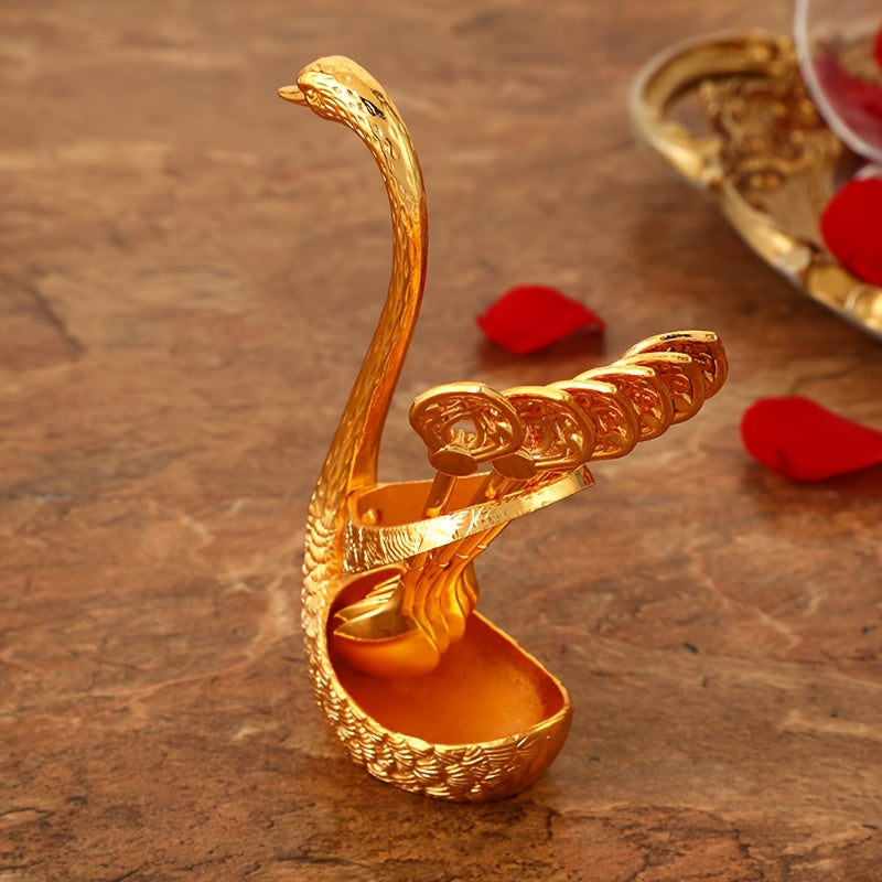 Golden and Silvery Gray Alloy Metal Spoon Set, Elegant, Rustproof, Durable, Washable, Flatware Set with Swan Decorative Stand, Cute Coffee Spoon, Dessert Spoon, for High-end Restaurants, Camping, Dining, Mother'S Day, Father'