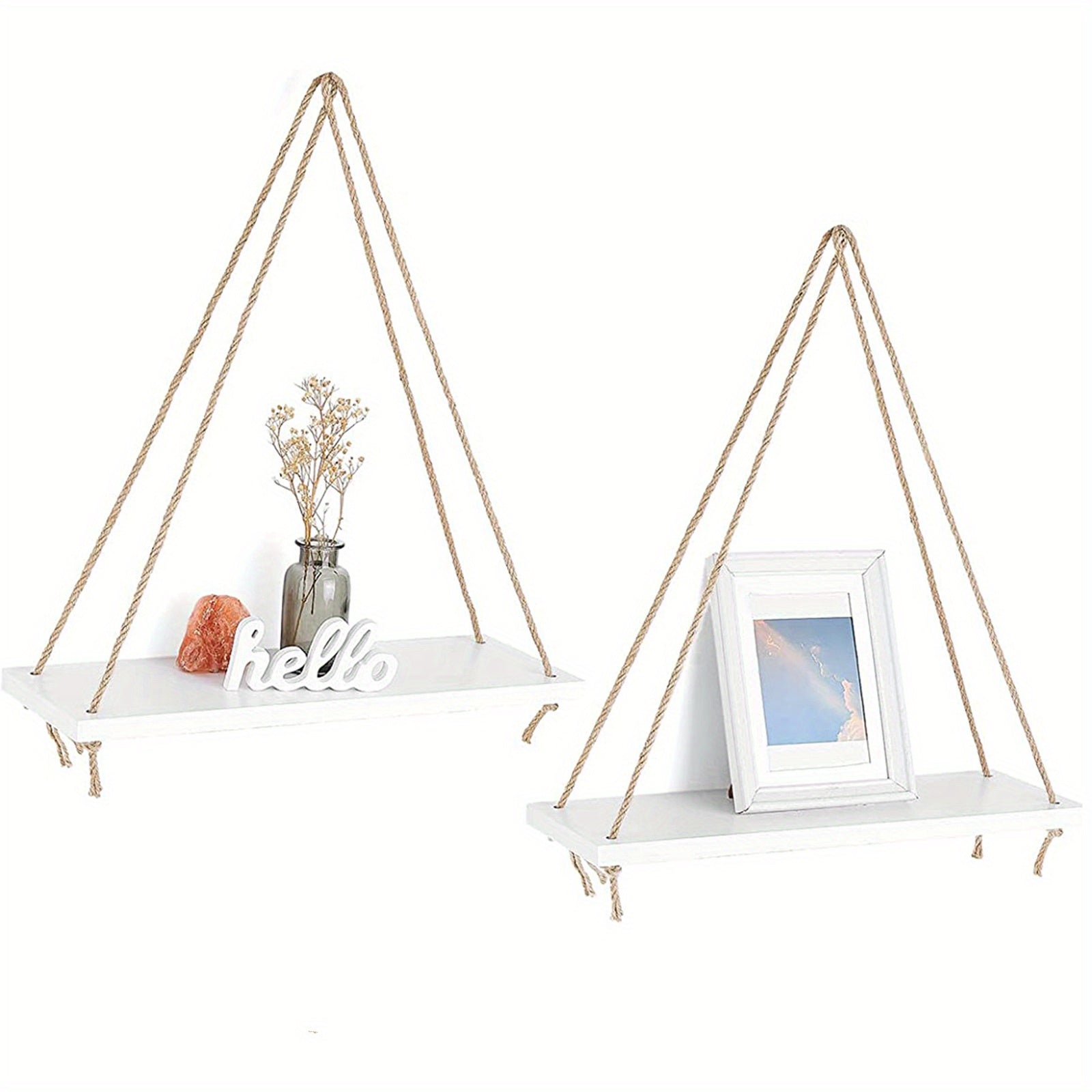 Lot de 2 étagères murales bohème, en bois rustique, pour plantes, photos ou décoration, adaptées chambre, salon ou salle de bain.