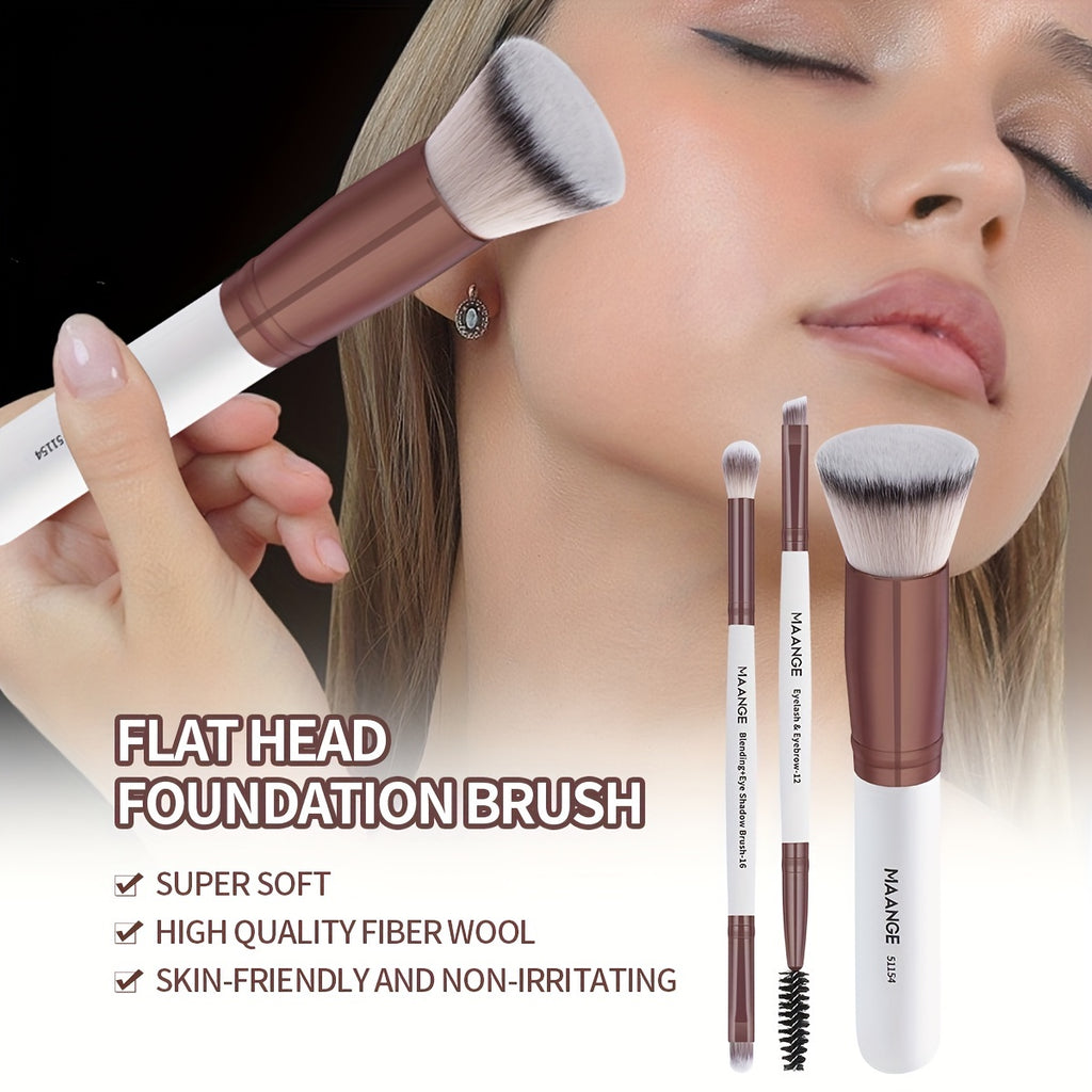 Set visage 3 pièces : pinceaux fond de teint, blush et cils, poils doux, livré avec boîte portable pour maquillage pratique.