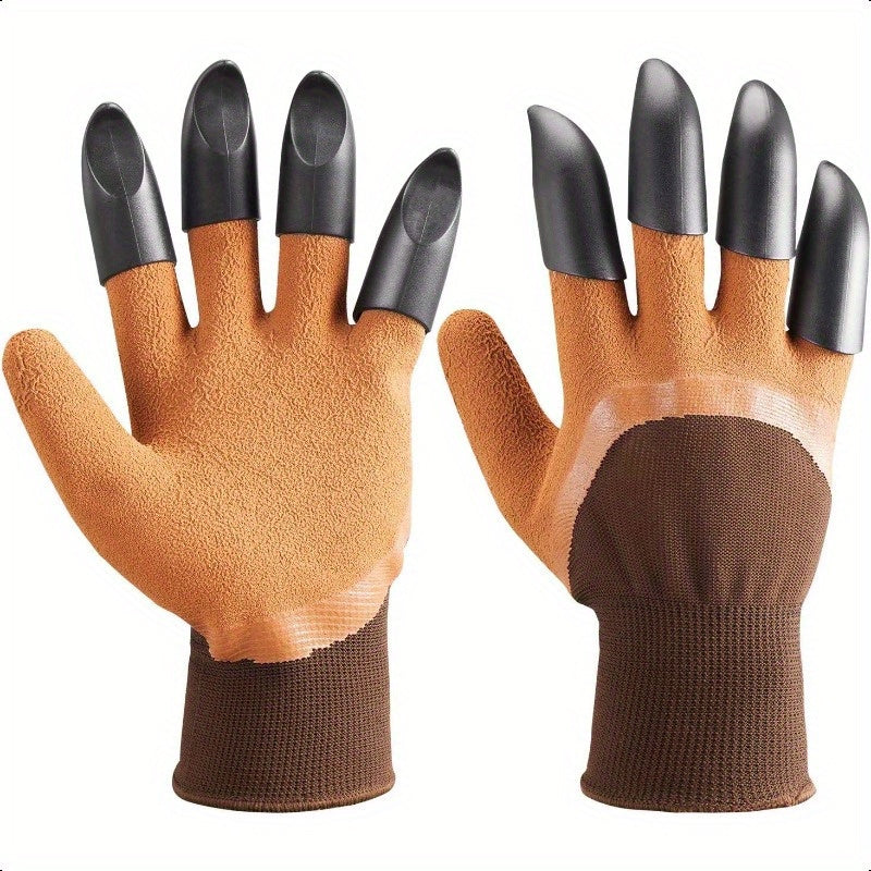 Paire de gants bruns avec 8 griffes noires, idéale pour jardinage, plantation et désherbage efficace.