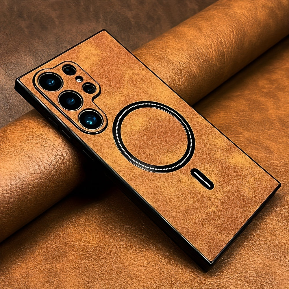 Coque de luxe en cuir PU rétro pour Samsung Galaxy, antichoc, compatible charge sans fil, finition mate élégante, protection haut de gamme et design sophistiqué.