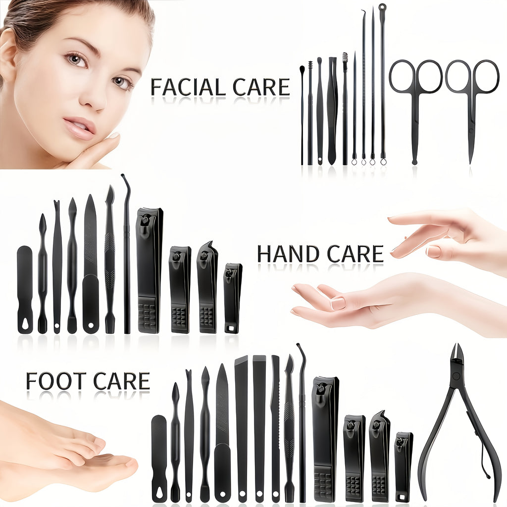 26-in-1 Professional Manicure Pedicure Set - Heavy-Duty Black Stainless Steel Complete Nail Care Kit with Leather-like Travel Case, Foldable Grooming Tools (Nail Clippers, Cuticle Trimmer, Remover, Cuticle Pusher) for Men &amp; W