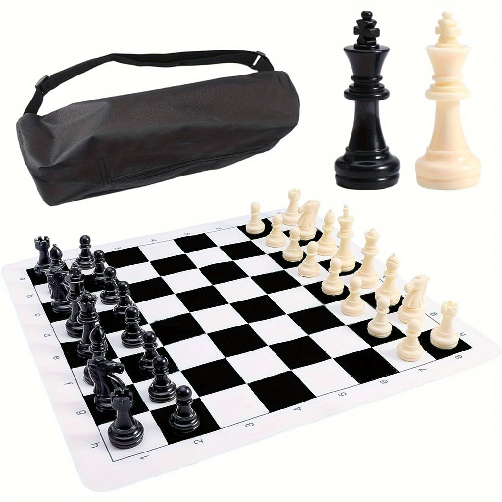 Jeu d'échecs premium en PU avec tapis roulable, pièces et sac de rangement. Parfait pour les soirées, jeux décontractés et tournois.
