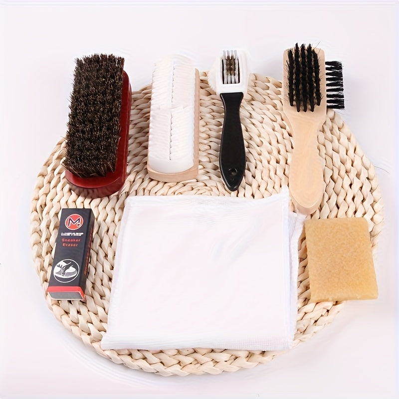 7pcs Variety Shoe Brush Kit - Double-Sided Shoe Polish Applicator &amp; Horse Hair Brushes for Polishing - Nubuck &amp; Suede Brush for Shoes, Soft Leather Cleaning with Microfiber Cloth