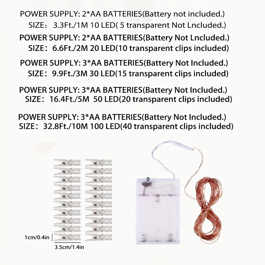 Guirlande lumineuse photo 10 m, 100 LED Fil cuivre avec 40 pinces, idéale pour chambres, fêtes, mariages, bars ou décoration murale, fonctionne sur piles.