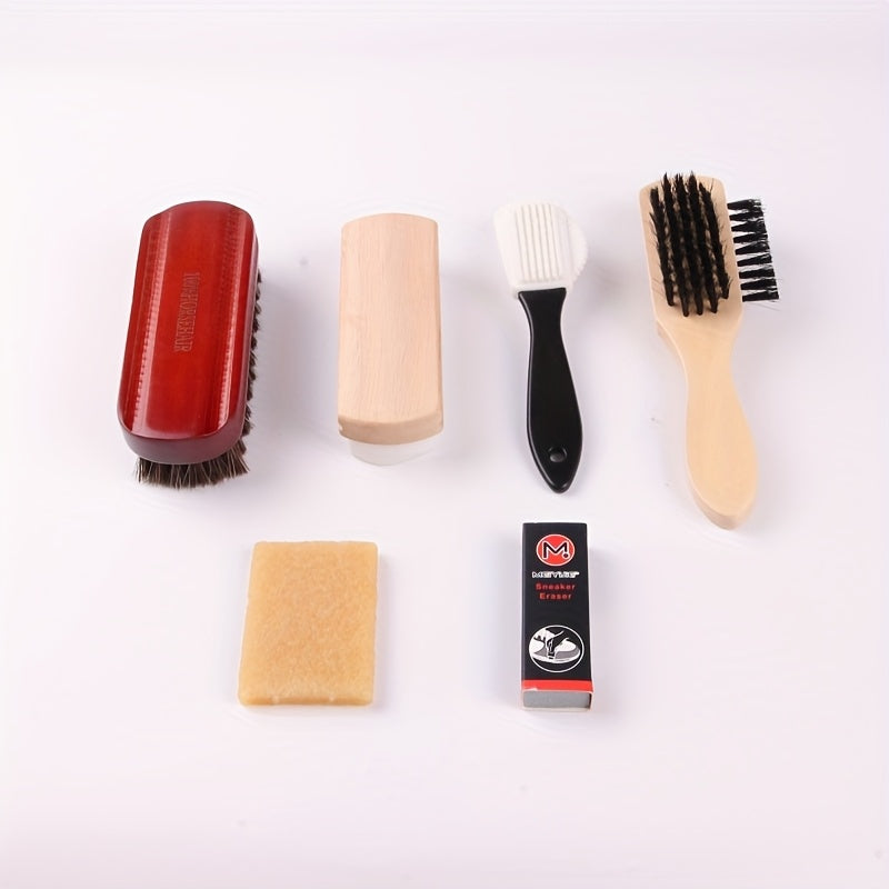 7pcs Variety Shoe Brush Kit - Double-Sided Shoe Polish Applicator &amp; Horse Hair Brushes for Polishing - Nubuck &amp; Suede Brush for Shoes, Soft Leather Cleaning with Microfiber Cloth