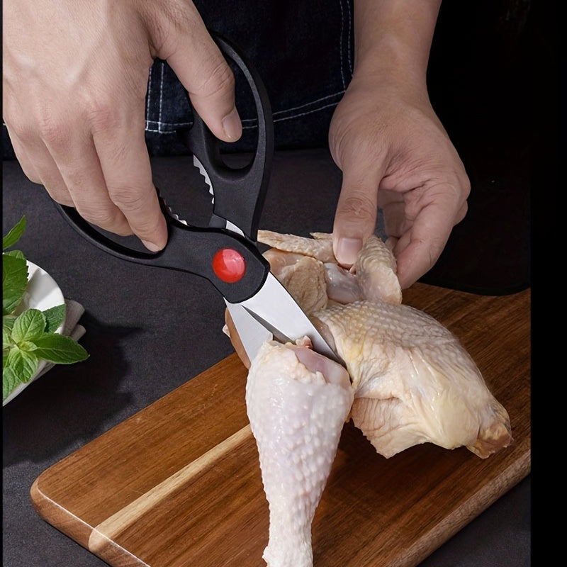 Lot de 3 ciseaux de cuisine multifonctions en acier inoxydable, ambidextres, sûrs pour aliments, incluant coupe-viande et accessoires.