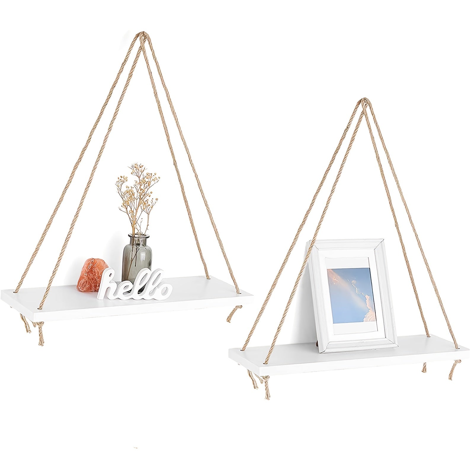 Lot de 2 étagères murales bohème, en bois rustique, pour plantes, photos ou décoration, adaptées chambre, salon ou salle de bain.