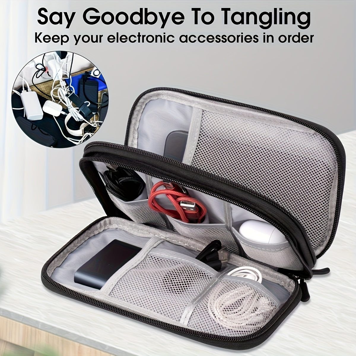 Organisateur de rangement en polyester durable, portable, plusieurs compartiments pour câbles, chargeurs et petits accessoires, compact pour voyage, lavable à la main.