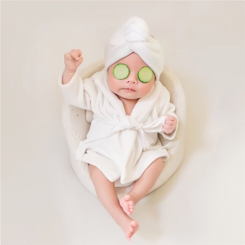 2pcs/set Newborn Baby Girl Photoshoot Outfit - Cozy Flannel Hooded Robe with Belt &amp; Matching Towel Set, Perfect for First Bath &amp; Keepsake Gifts, Photography Accessories, Dress Up Clothes
