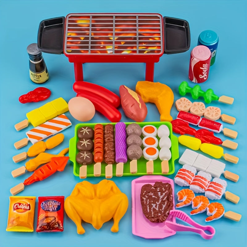 Set de jeux de cuisine, aliments et accessoires de barbecue simulés, idéal pour stimuler imagination et apprentissage des enfants.
